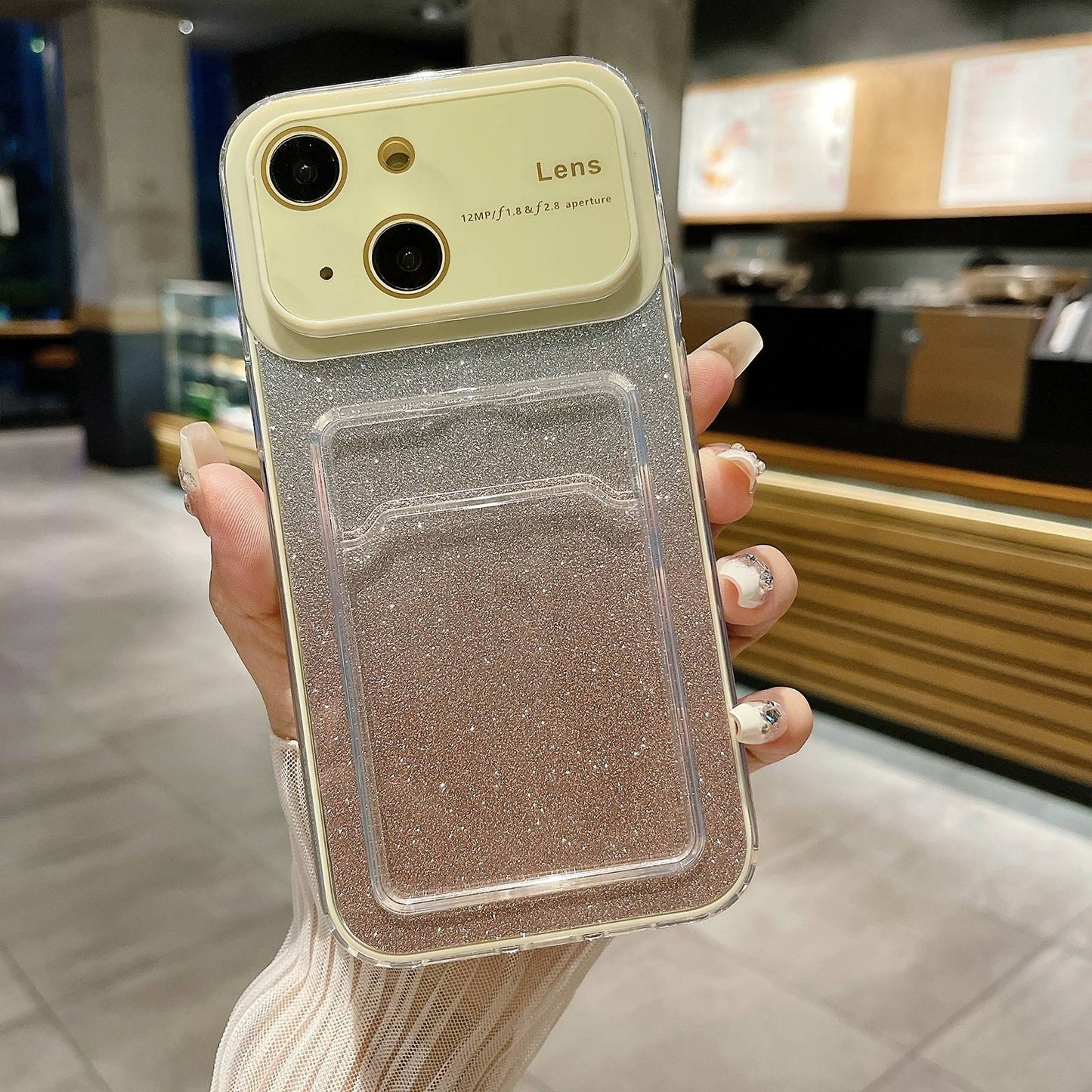 ELECTROPRIME For iPhone 15 Large Window Gradient Glitter Phone Case with Card Slot(Yellow)