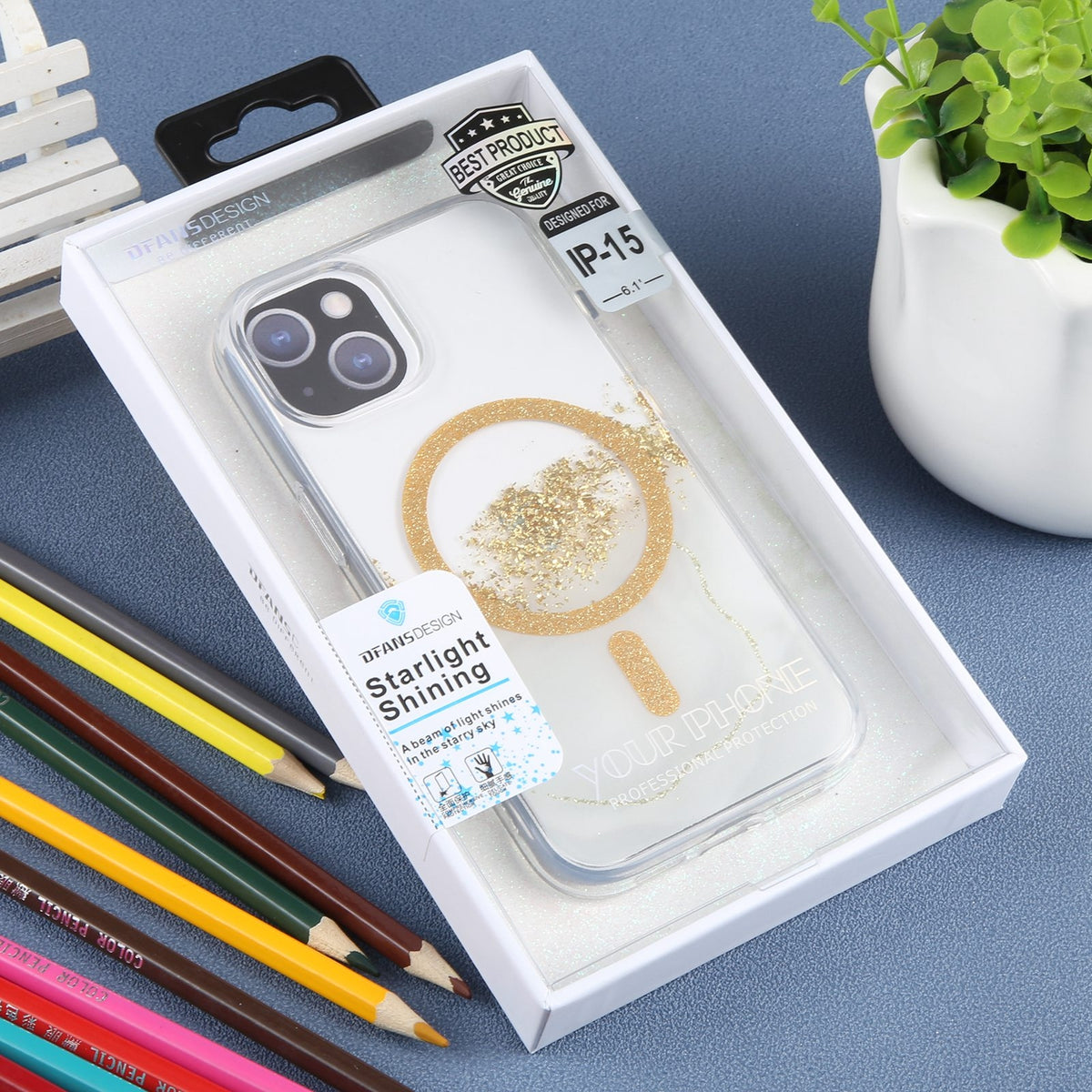 ELECTROPRIME For iPhone 15 DFANS DESIGN Magsafe Magnetic Starlight Shining Phone Case(Gold Foil Marble)