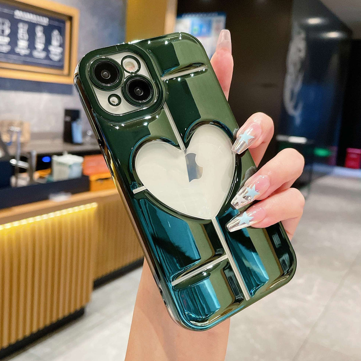 ELECTROPRIME For iPhone 15 Electroplating 3D Hollow Love TPU Phone Case(Dark Green)