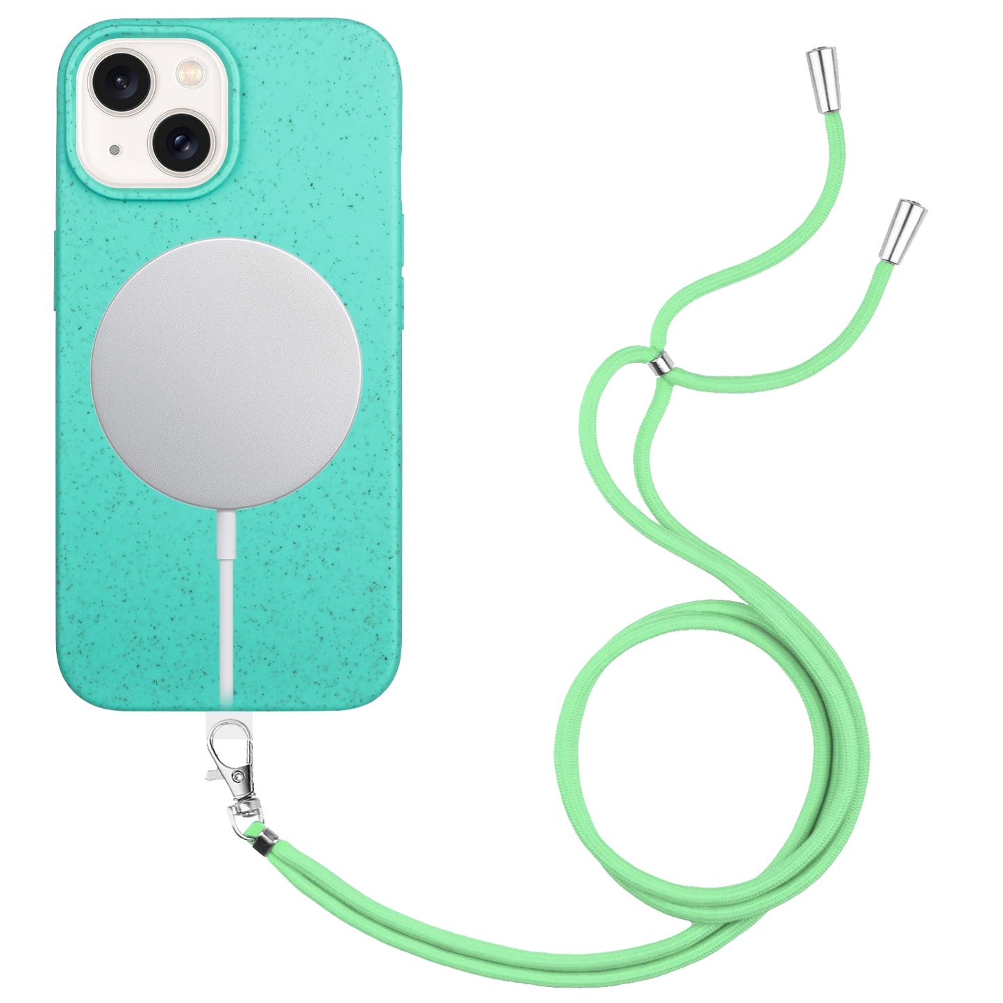ELECTROPRIME For iPhone 15 Wheat MagSafe Magnetic Straw Material + TPU Phone Case with Lanyard(Green)