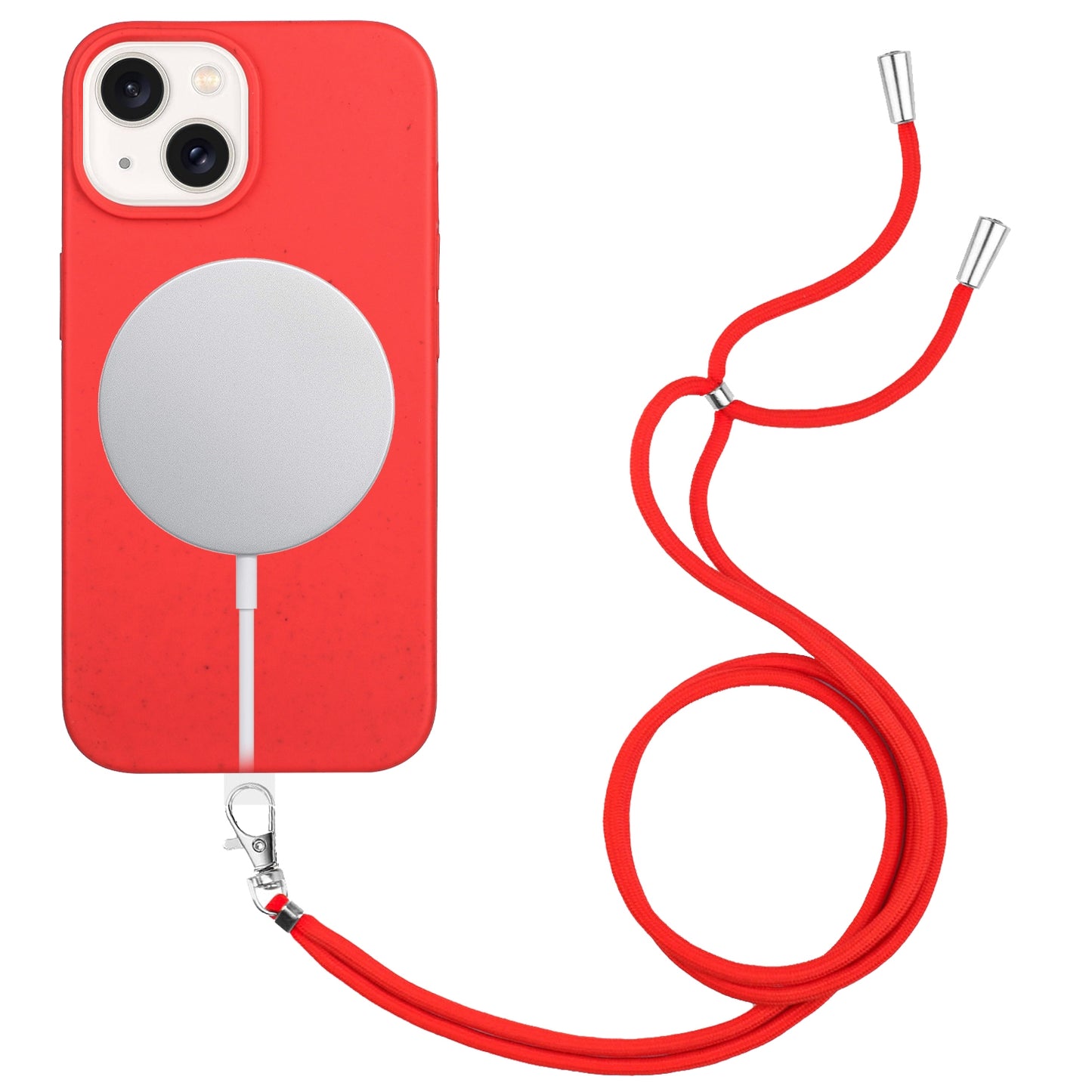 ELECTROPRIME For iPhone 15 Wheat MagSafe Magnetic Straw Material + TPU Phone Case with Lanyard(Red)