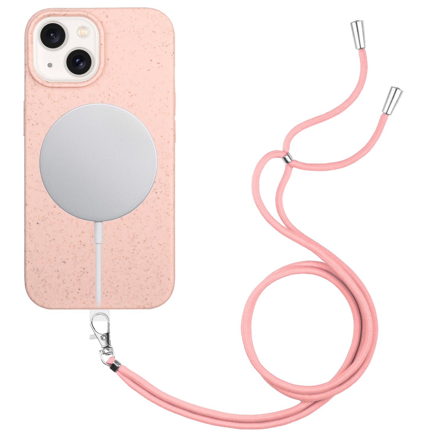 ELECTROPRIME For iPhone 15 Wheat MagSafe Magnetic Straw Material + TPU Phone Case with Lanyard(Pink)