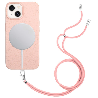 ELECTROPRIME For iPhone 15 Wheat MagSafe Magnetic Straw Material + TPU Phone Case with Lanyard(Pink)