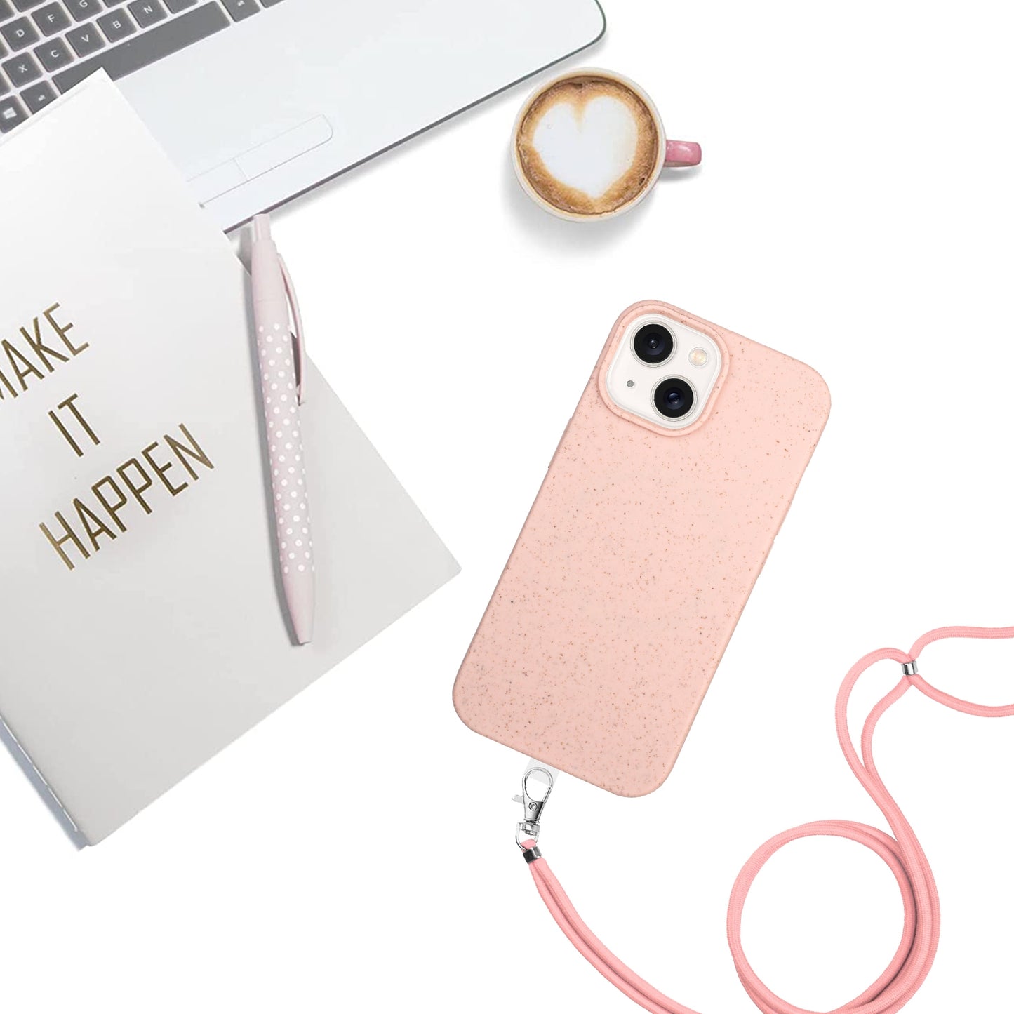 ELECTROPRIME For iPhone 15 Wheat MagSafe Magnetic Straw Material + TPU Phone Case with Lanyard(Pink)