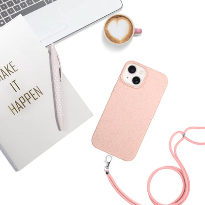 ELECTROPRIME For iPhone 15 Wheat MagSafe Magnetic Straw Material + TPU Phone Case with Lanyard(Pink)