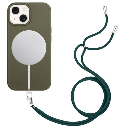 ELECTROPRIME For iPhone 15 Wheat MagSafe Magnetic Straw Material + TPU Phone Case with Lanyard(Army Green)
