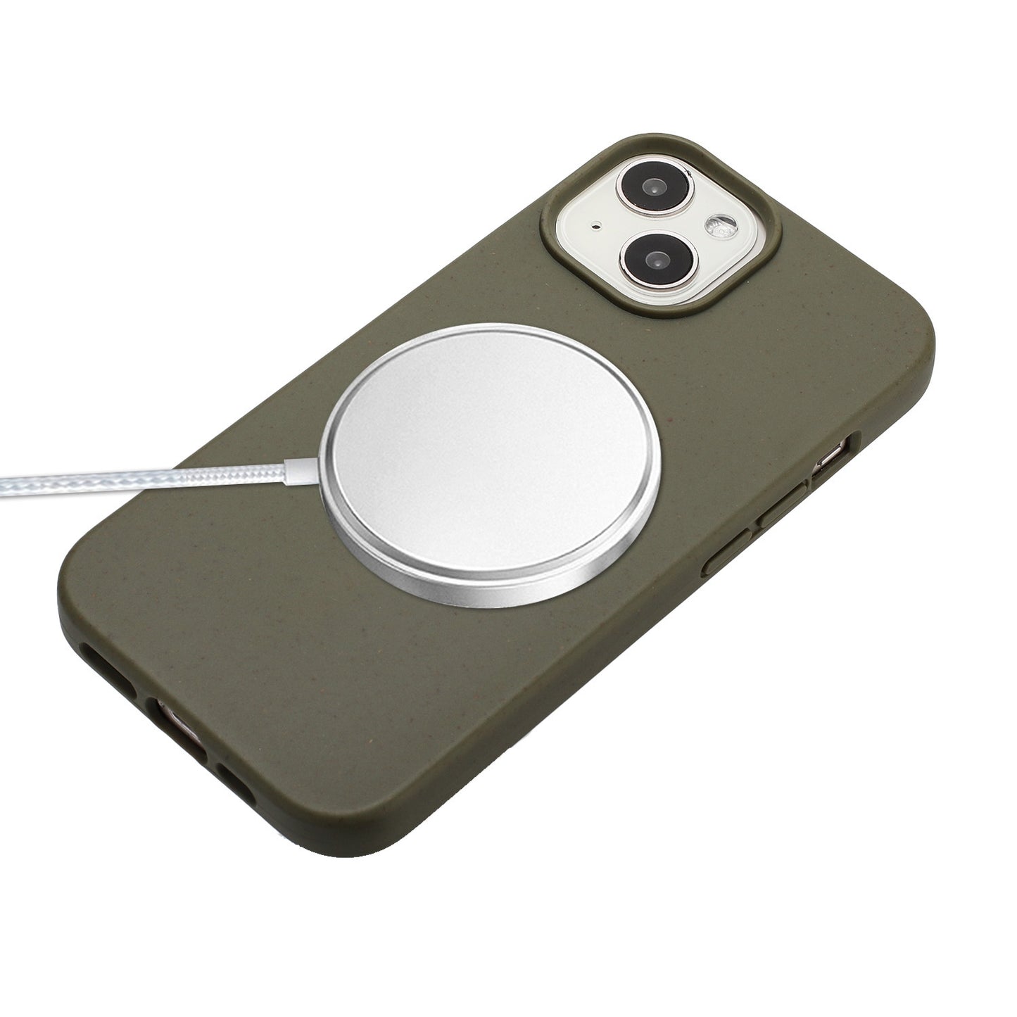 ELECTROPRIME For iPhone 15 Wheat MagSafe Magnetic Straw Material + TPU Phone Case with Lanyard(Army Green)
