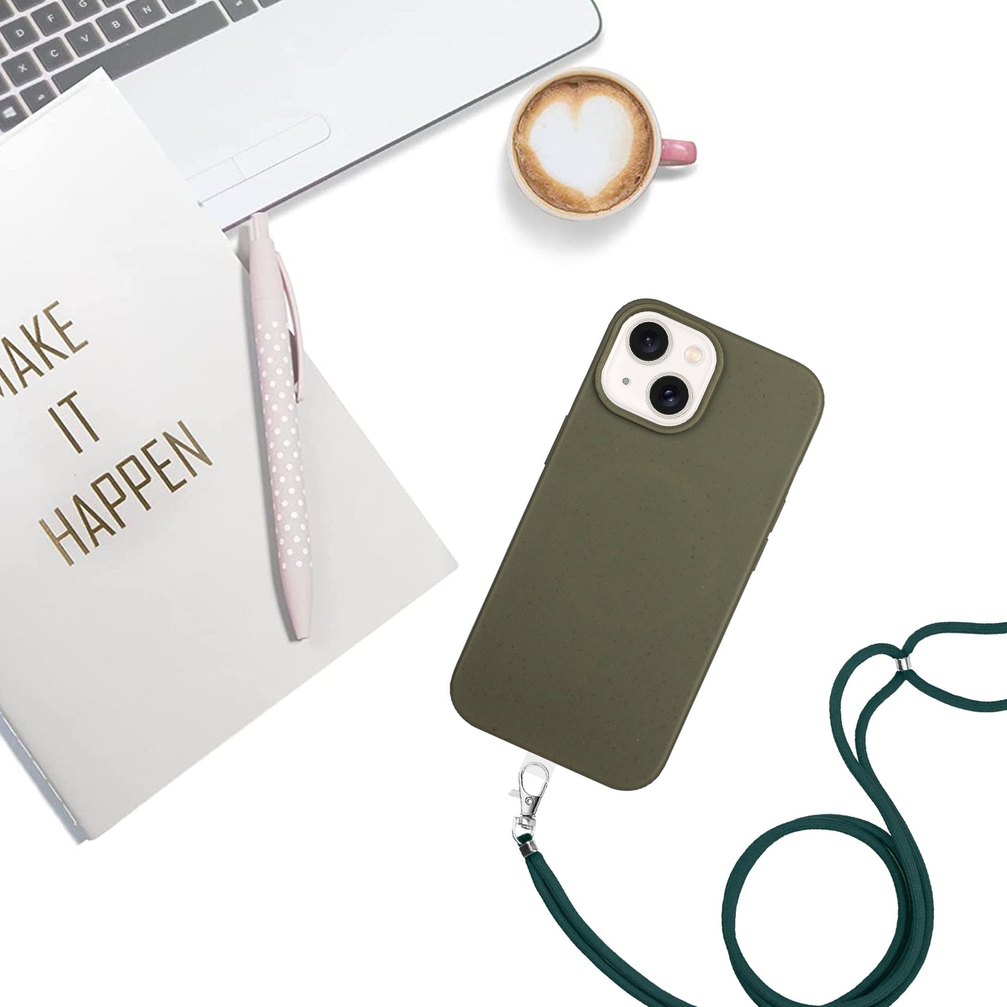 ELECTROPRIME For iPhone 15 Wheat MagSafe Magnetic Straw Material + TPU Phone Case with Lanyard(Army Green)