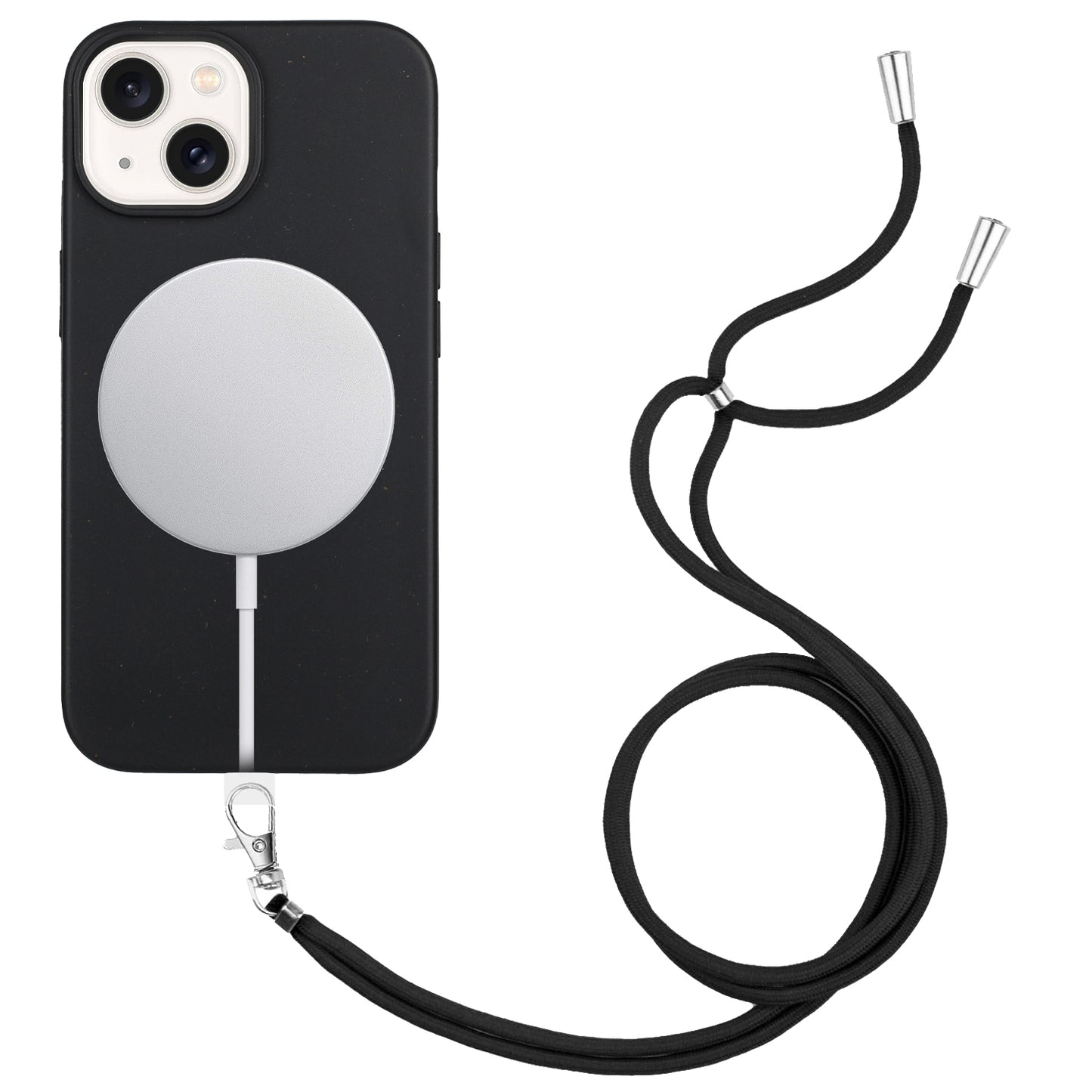 ELECTROPRIME For iPhone 15 Wheat MagSafe Magnetic Straw Material + TPU Phone Case with Lanyard(Black)