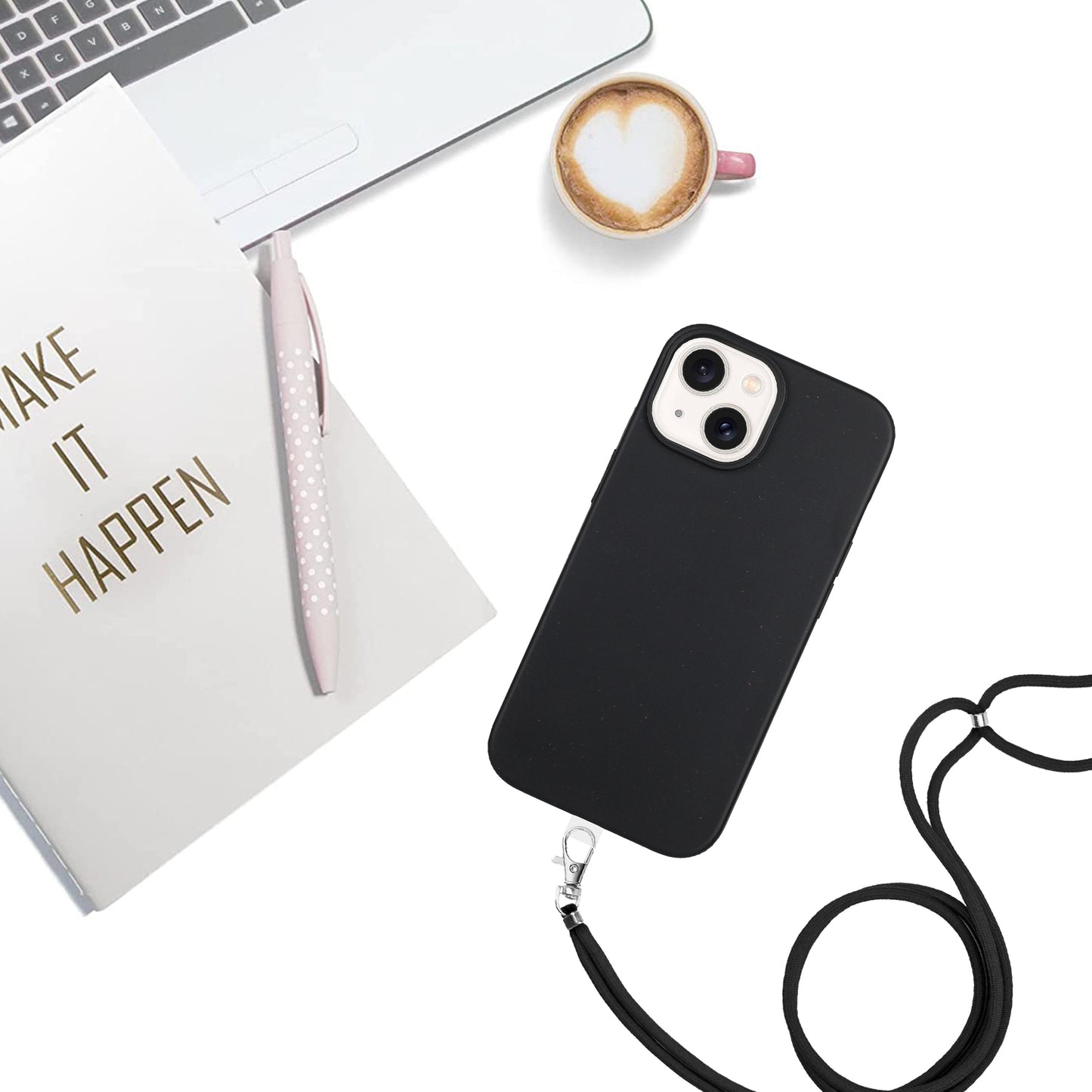 ELECTROPRIME For iPhone 15 Wheat MagSafe Magnetic Straw Material + TPU Phone Case with Lanyard(Black)