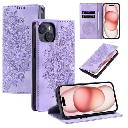 ELECTROPRIME For iPhone 15 Plus Totem Embossed Magnetic Leather Phone Case(Purple)
