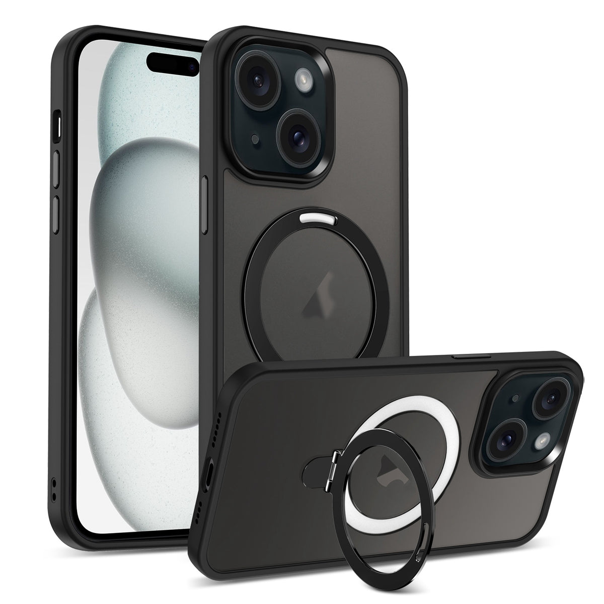 ELECTROPRIME For iPhone 15 Plus Skin-feel MagSafe Holder PC Hybrid TPU Phone Case(Black)