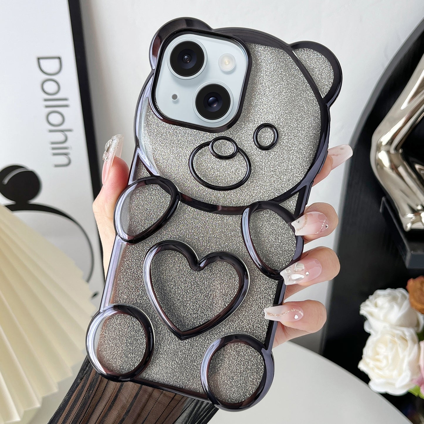 ELECTROPRIME For iPhone 15 Bear Shape Electroplated TPU Phone Case with Gradient Glitter Paper(Black)