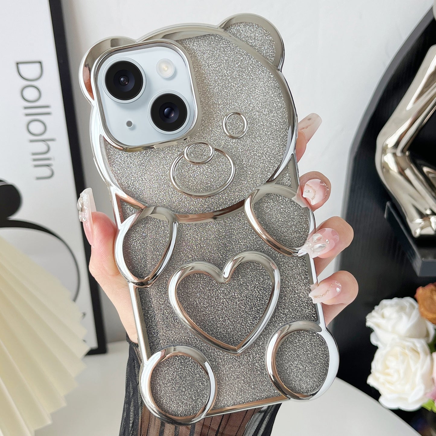 ELECTROPRIME For iPhone 15 Bear Shape Electroplated TPU Phone Case with Gradient Glitter Paper(Silver)