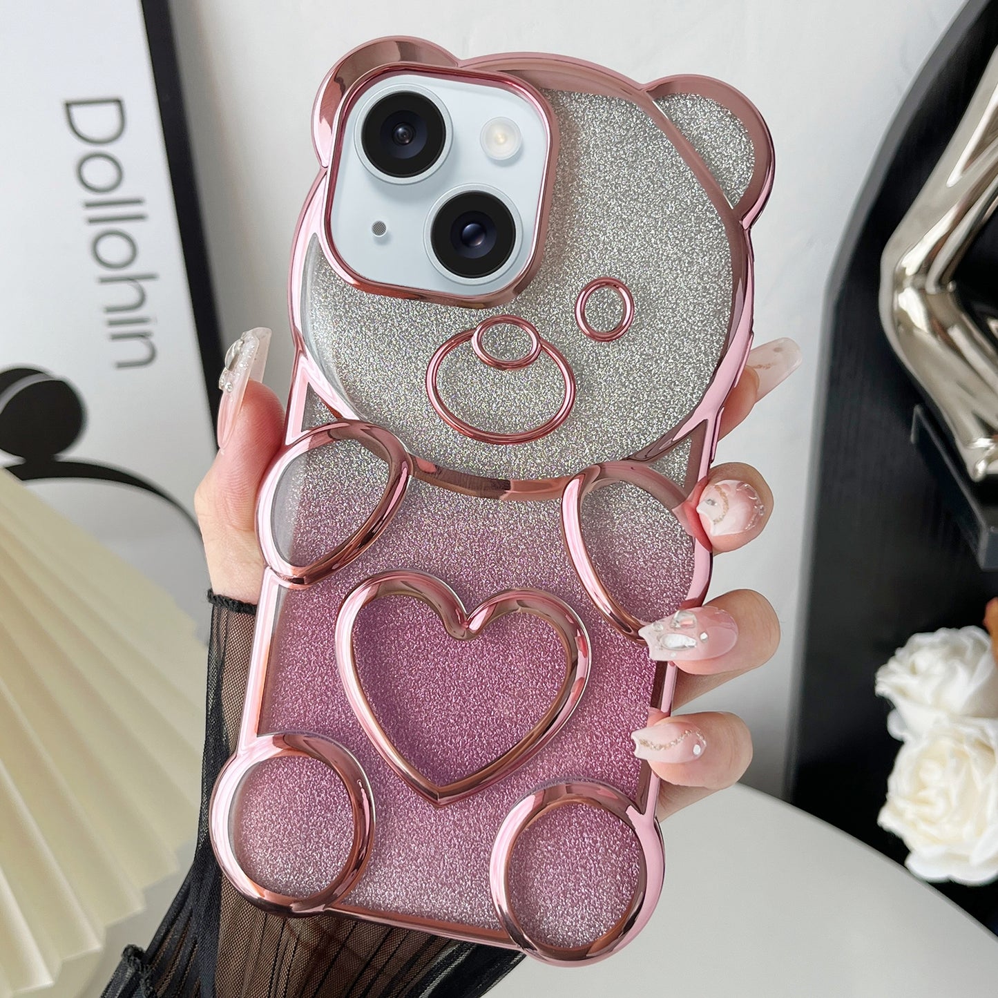 ELECTROPRIME For iPhone 15 Bear Shape Electroplated TPU Phone Case with Gradient Glitter Paper(Pink)