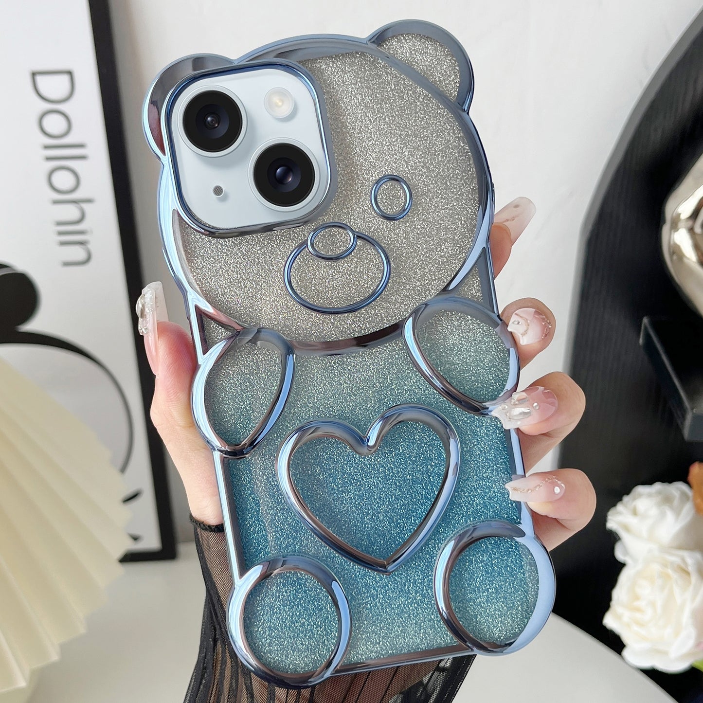 ELECTROPRIME For iPhone 15 Bear Shape Electroplated TPU Phone Case with Gradient Glitter Paper(Blue)