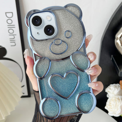 ELECTROPRIME For iPhone 15 Bear Shape Electroplated TPU Phone Case with Gradient Glitter Paper(Blue)
