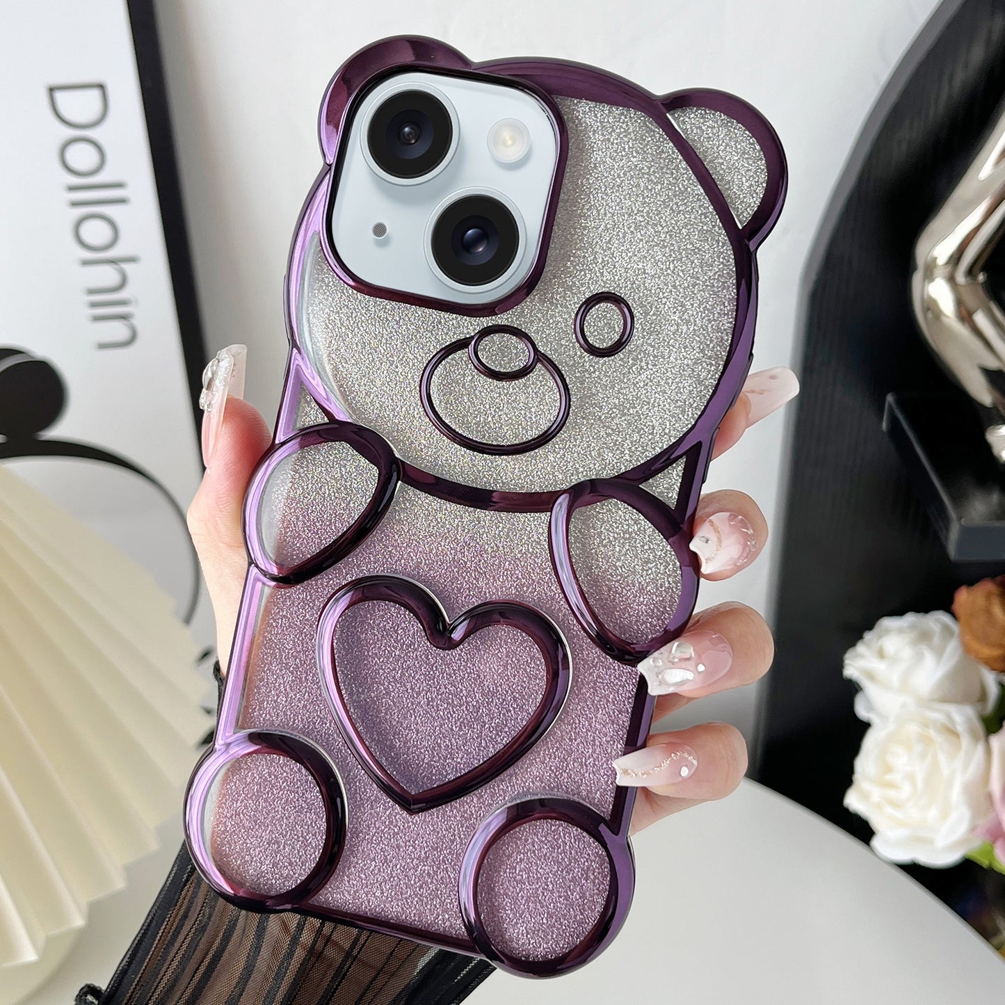 ELECTROPRIME For iPhone 15 Bear Shape Electroplated TPU Phone Case with Gradient Glitter Paper(Purple)