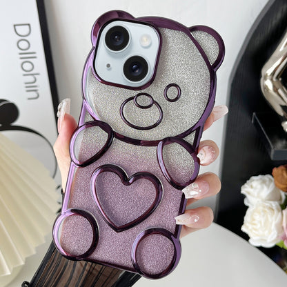 ELECTROPRIME For iPhone 15 Bear Shape Electroplated TPU Phone Case with Gradient Glitter Paper(Purple)