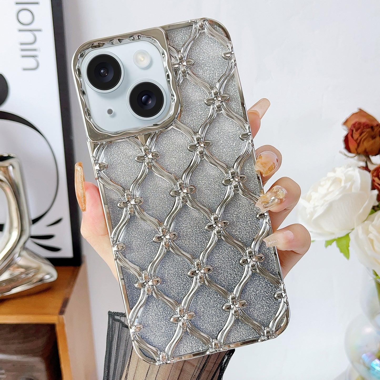 ELECTROPRIME For iPhone 15 Star Flower Electroplated TPU Phone Case with Gradient Glitter Paper(Silver)