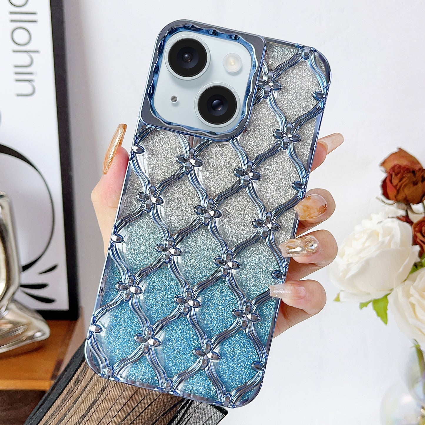 ELECTROPRIME For iPhone 15 Star Flower Electroplated TPU Phone Case with Gradient Glitter Paper(Blue)