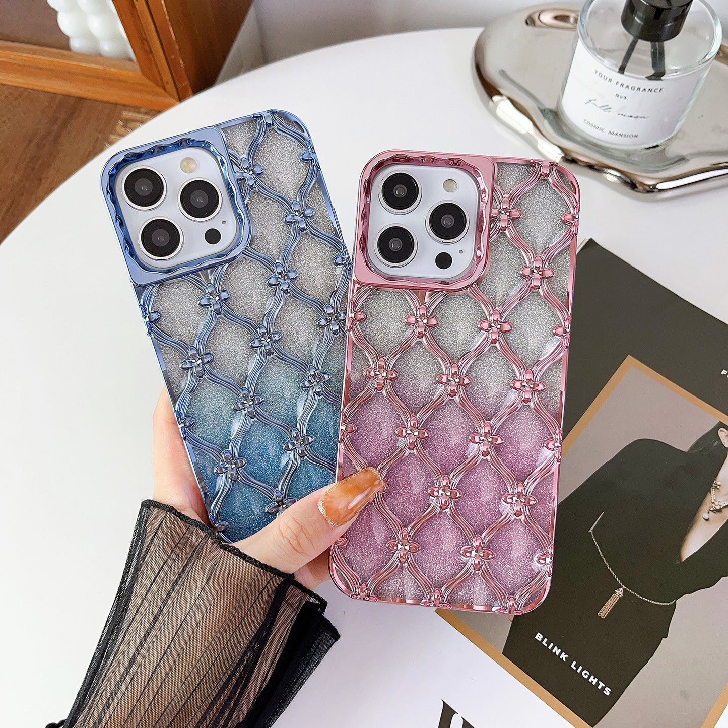 ELECTROPRIME For iPhone 15 Star Flower Electroplated TPU Phone Case with Gradient Glitter Paper(Pink)