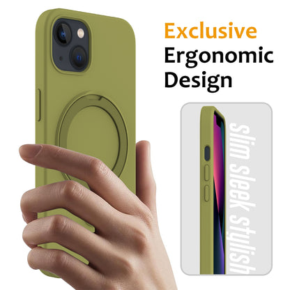 ELECTROPRIME For iPhone 15 Plus Liquid Silicone MagSafe Magnetic Phone Case with Ring Holder(Willow Green)