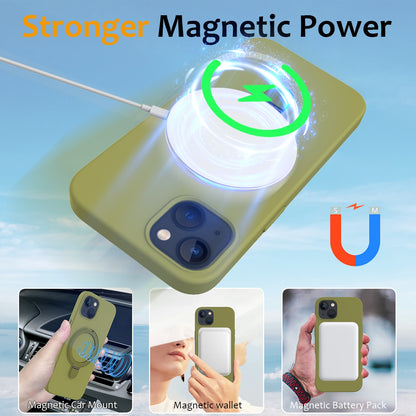 ELECTROPRIME For iPhone 15 Plus Liquid Silicone MagSafe Magnetic Phone Case with Ring Holder(Willow Green)