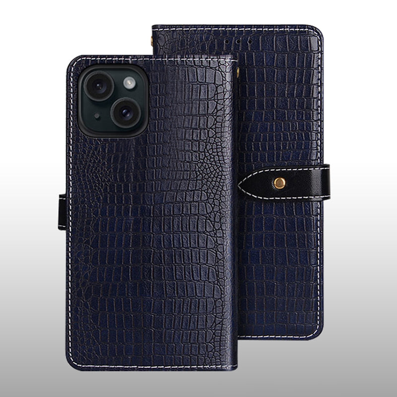 ELECTROPRIME For iPhone 15 idewei Crocodile Texture Leather Phone Case(Dark Blue)