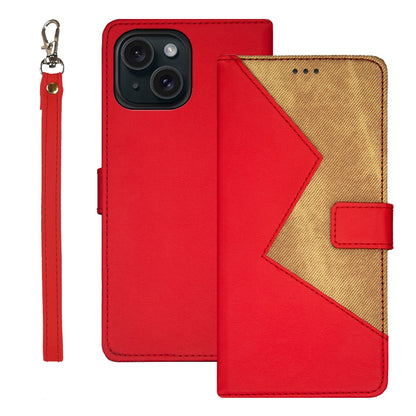 ELECTROPRIME For iPhone 15 idewei Two-color Splicing Leather Phone Case(Red)