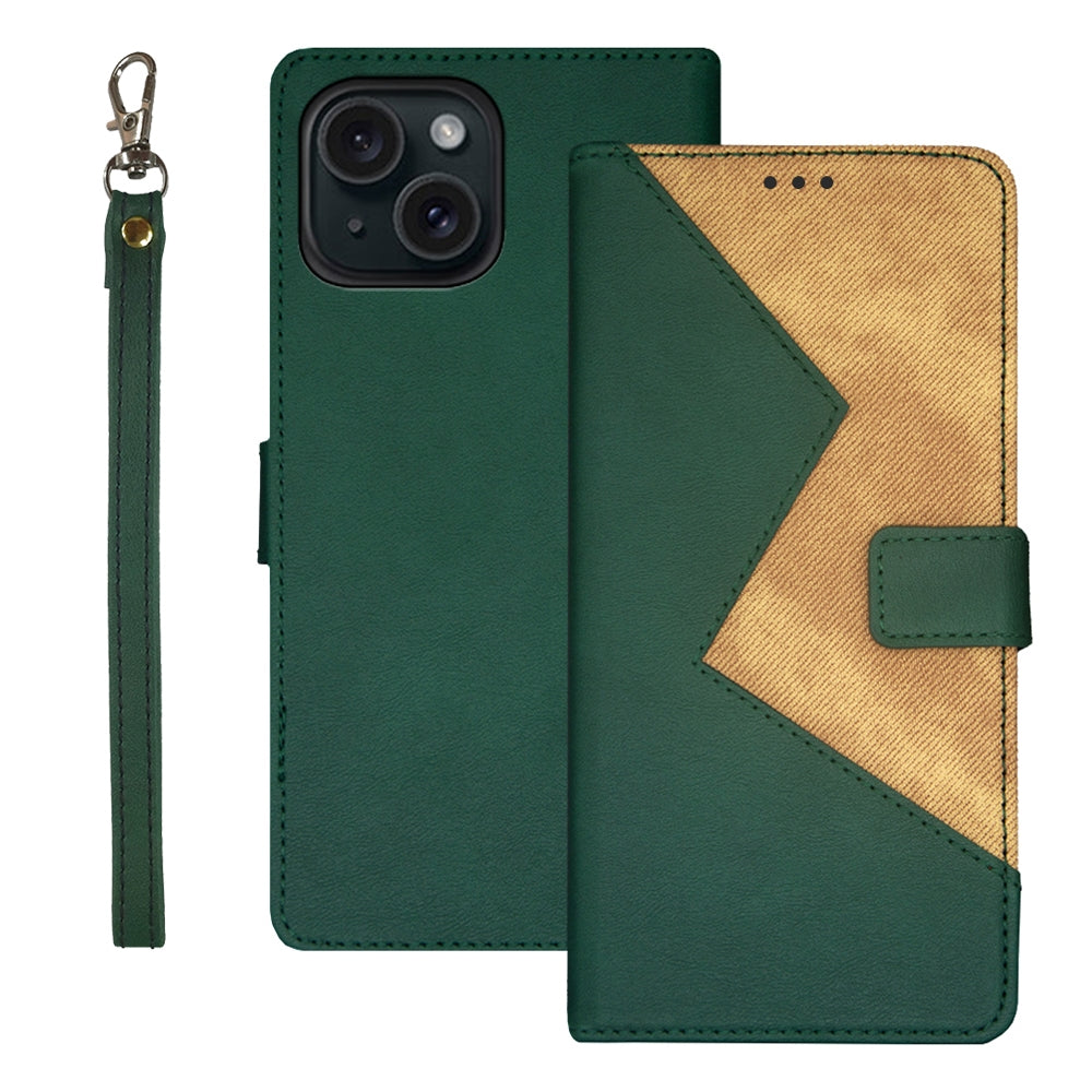 ELECTROPRIME For iPhone 15 idewei Two-color Splicing Leather Phone Case(Green)