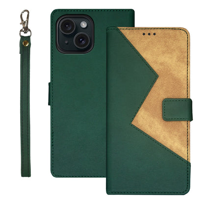 ELECTROPRIME For iPhone 15 idewei Two-color Splicing Leather Phone Case(Green)