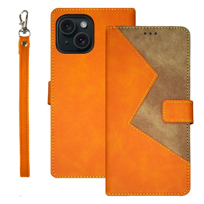 ELECTROPRIME For iPhone 15 idewei Two-color Splicing Leather Phone Case(Orange)