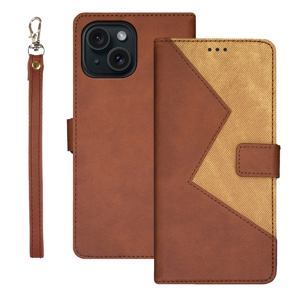 ELECTROPRIME For iPhone 15 idewei Two-color Splicing Leather Phone Case(Brown)