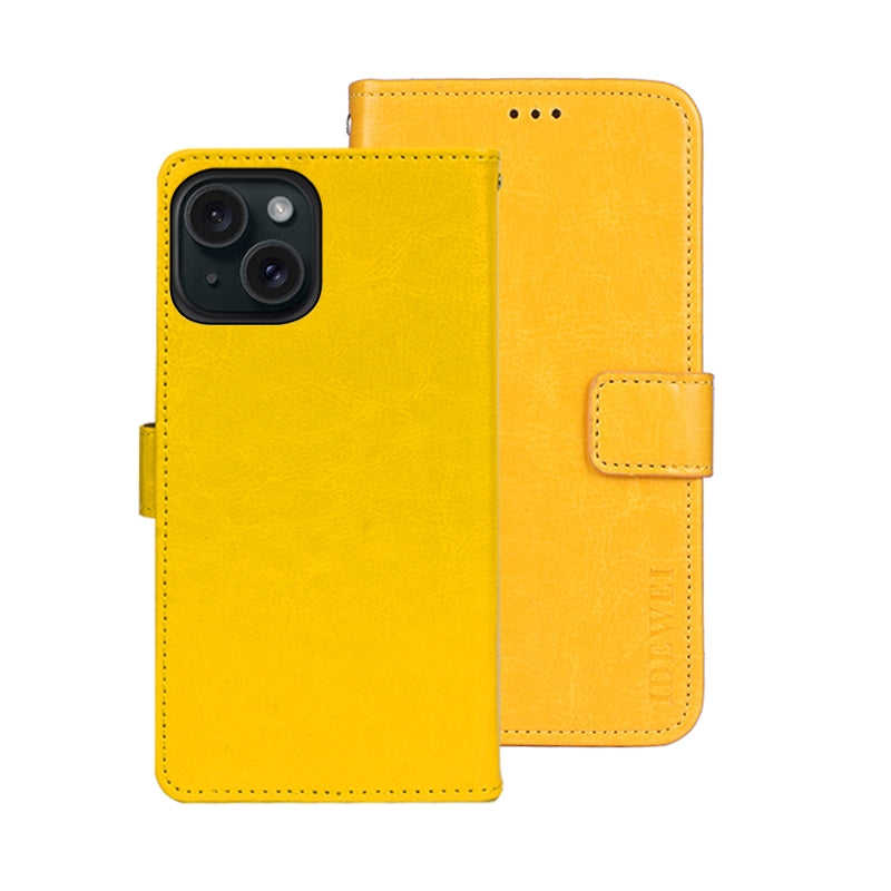 ELECTROPRIME For iPhone 15 idewei Crazy Horse Texture Leather Phone Case with Holder(Yellow)