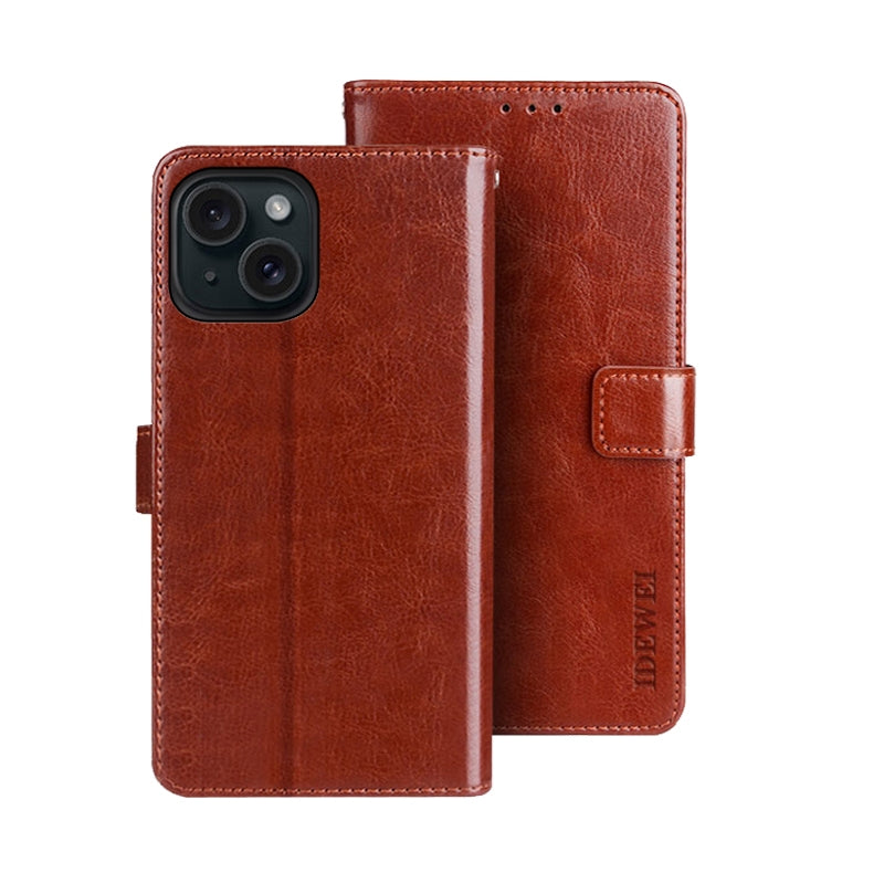 ELECTROPRIME For iPhone 15 idewei Crazy Horse Texture Leather Phone Case with Holder(Brown)