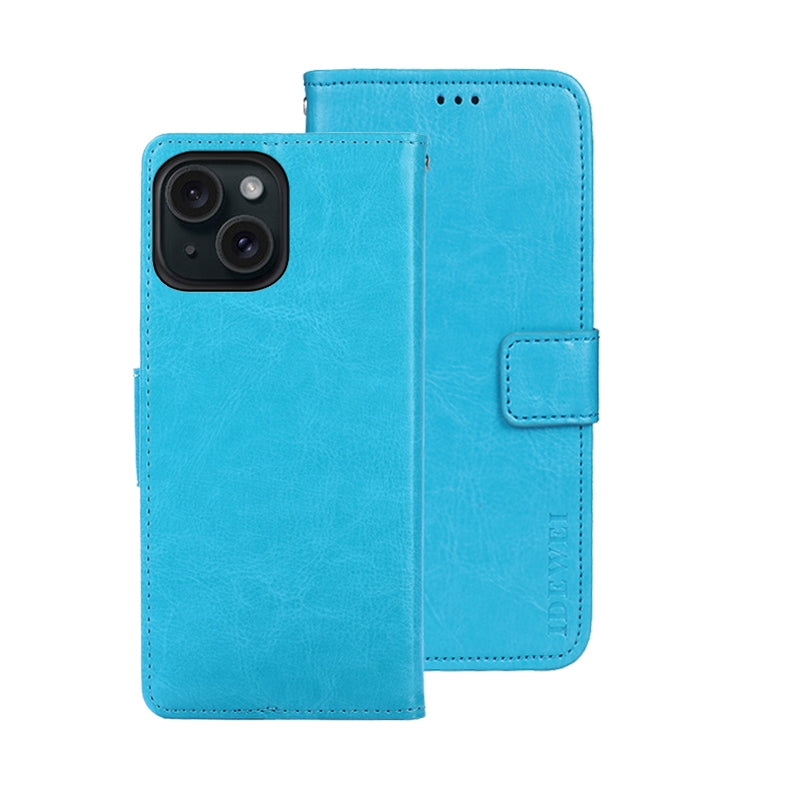ELECTROPRIME For iPhone 15 idewei Crazy Horse Texture Leather Phone Case with Holder(Sky Blue)