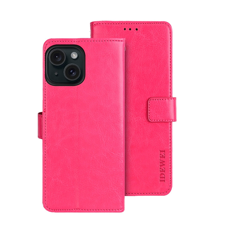ELECTROPRIME For iPhone 15 idewei Crazy Horse Texture Leather Phone Case with Holder(Rose Red)