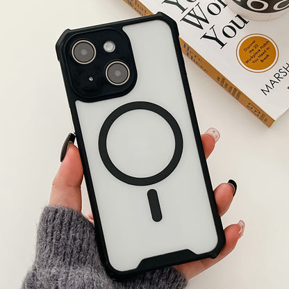 ELECTROPRIME For iPhone 15 Colorful Two-Color Lens Film MagSafe Magnetic Horn Acrylic+TPU Case(Black)