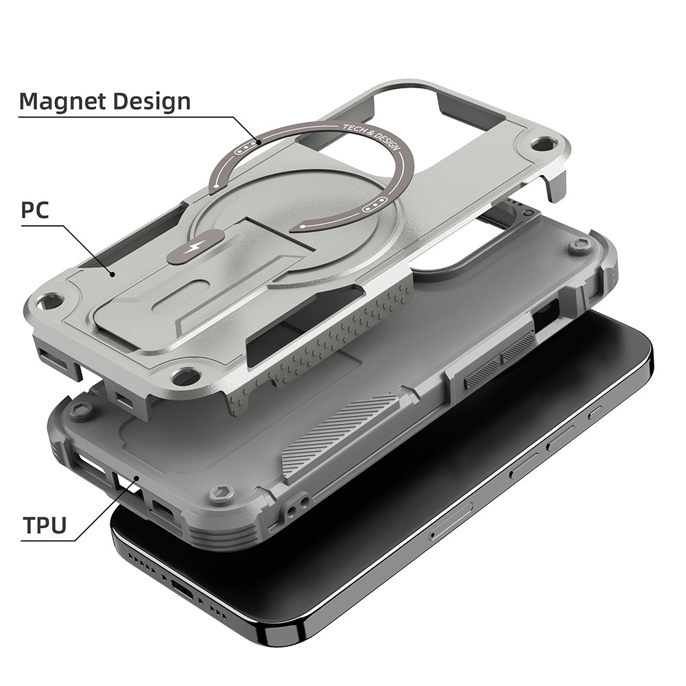 ELECTROPRIME For iPhone 15 Plus Armor Magsafe Holder PC Hybrid TPU Phone Case(Grey)