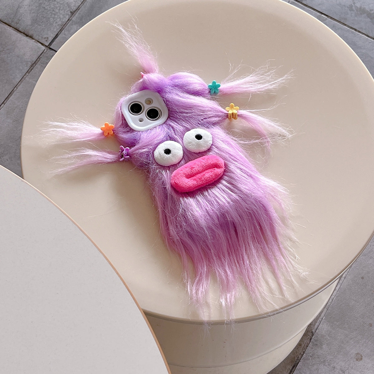 ELECTROPRIME For iPhone 15 Tied Hairstyle Plush Monster TPU Phone Case(Purple)