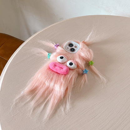 ELECTROPRIME For iPhone 15 Tied Hairstyle Plush Monster TPU Phone Case(Pink)
