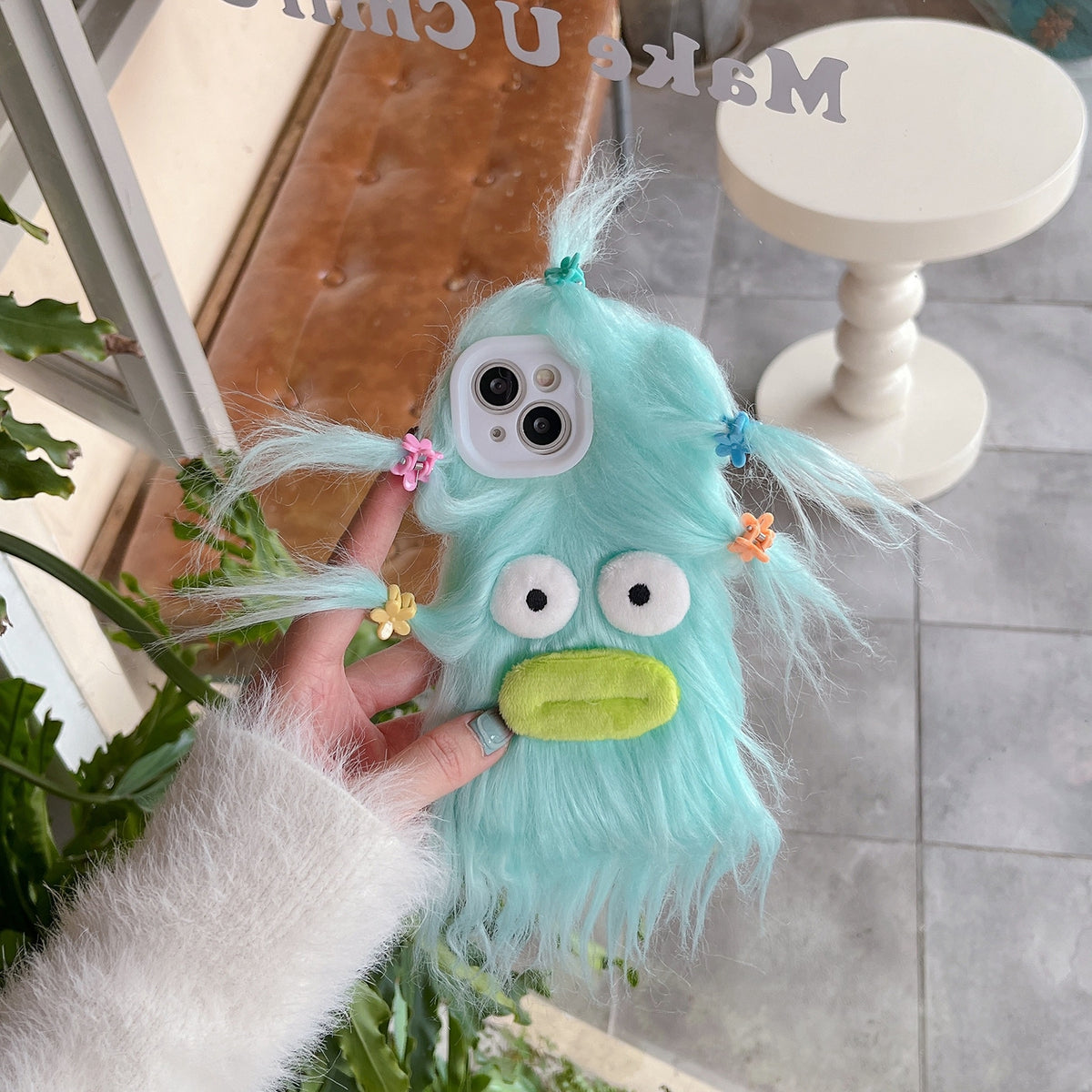 ELECTROPRIME For iPhone 15 Tied Hairstyle Plush Monster TPU Phone Case(Green)