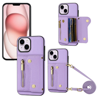 ELECTROPRIME For iPhone 15 DF-09 Crossbody Litchi texture Card Bag Design PU Phone Case(Purple)