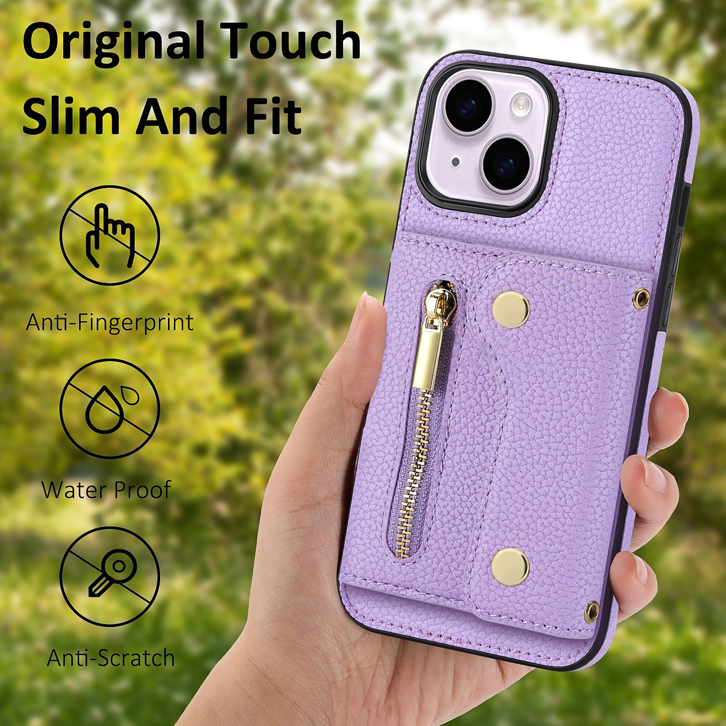 ELECTROPRIME For iPhone 15 DF-09 Crossbody Litchi texture Card Bag Design PU Phone Case(Purple)