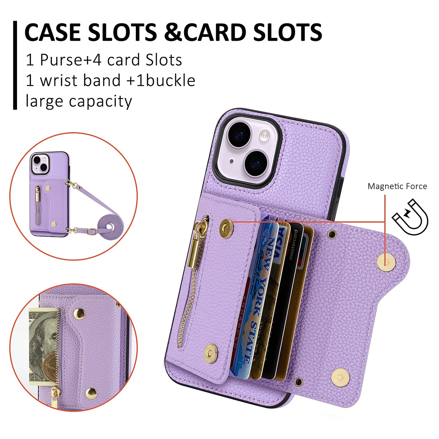 ELECTROPRIME For iPhone 15 DF-09 Crossbody Litchi texture Card Bag Design PU Phone Case(Purple)
