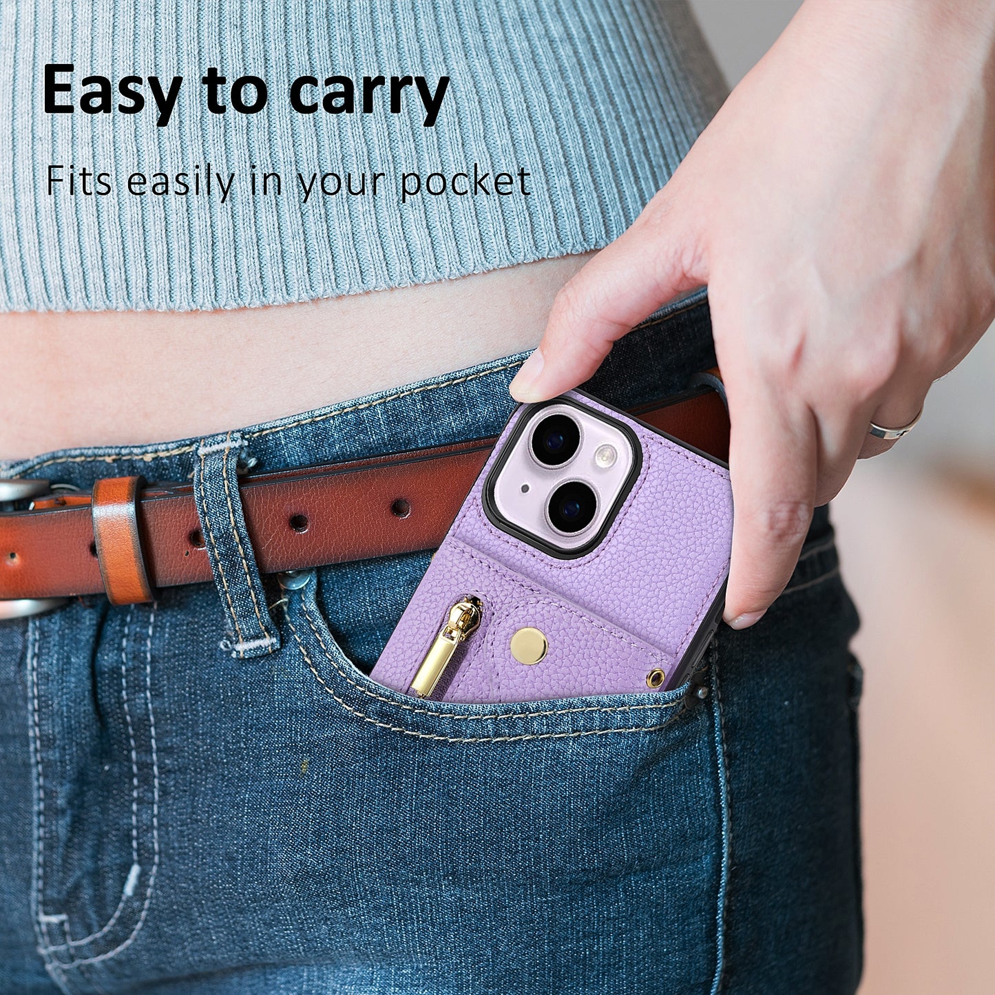 ELECTROPRIME For iPhone 15 DF-09 Crossbody Litchi texture Card Bag Design PU Phone Case(Purple)