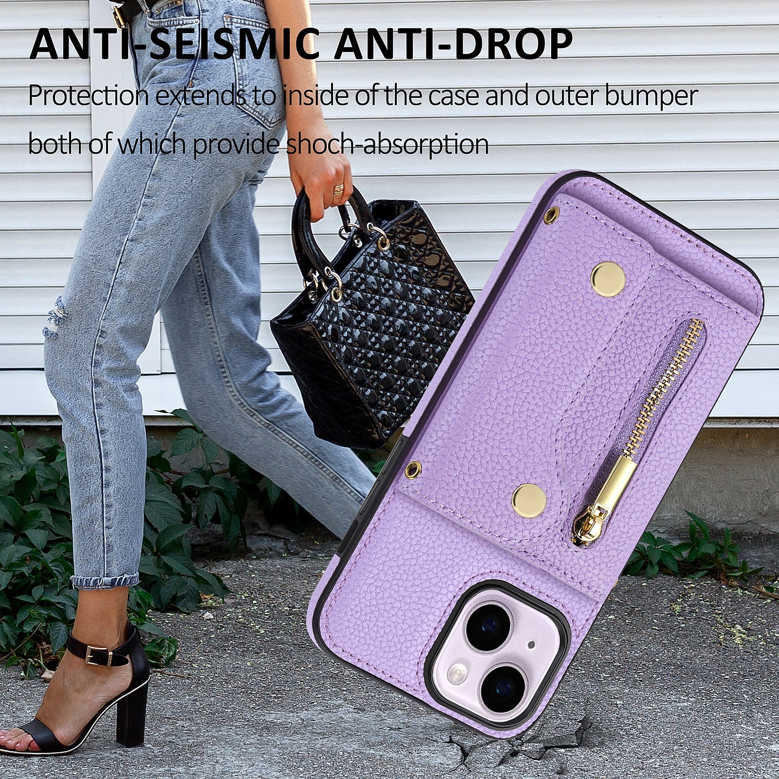 ELECTROPRIME For iPhone 15 DF-09 Crossbody Litchi texture Card Bag Design PU Phone Case(Purple)