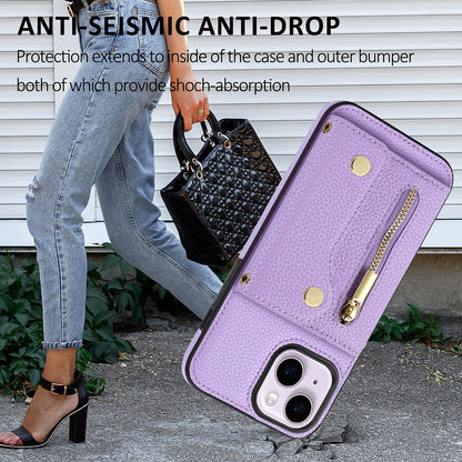 ELECTROPRIME For iPhone 15 DF-09 Crossbody Litchi texture Card Bag Design PU Phone Case(Purple)