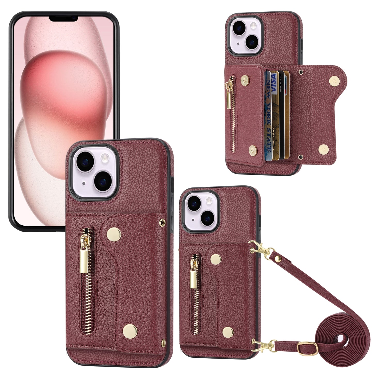 ELECTROPRIME For iPhone 15 DF-09 Crossbody Litchi texture Card Bag Design PU Phone Case(Wine Red)